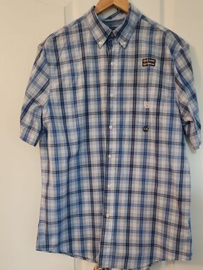 New Chaps Light Blue and Navy Plaid Short-Sleeve Button-Down Shirt=Easy Care
